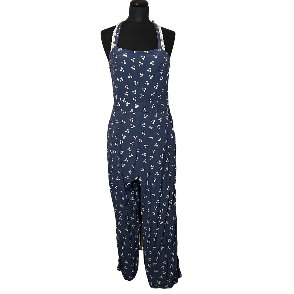 Amour Vert Silk Jumpsuit in Navy Blue Cherry Print, Women's US Size Medium